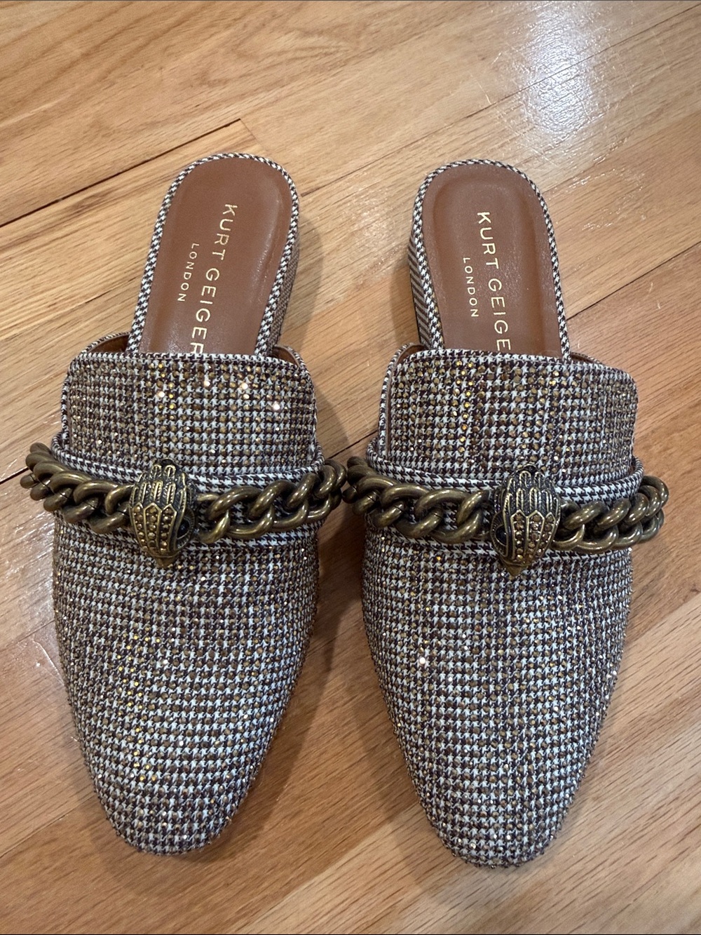 Kurt Geiger Brown Tweed Chain-Detail Mules